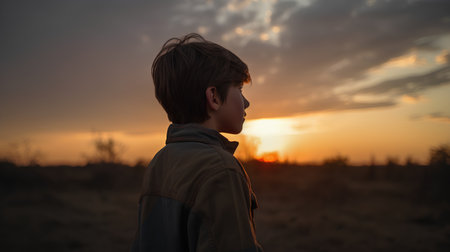 Portrait of a boy at sunset in the field. Rear view.の素材
