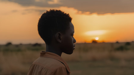 Portrait of a young African-American boy in a field at sunset.の素材