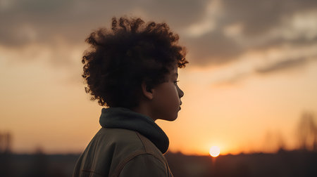 Young african american woman with afro hairstyle against sunset skyの素材