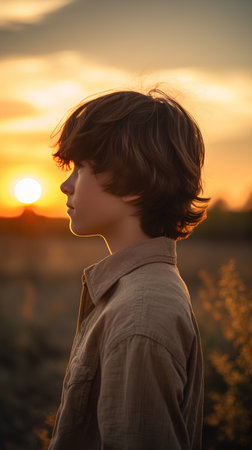 Portrait of a boy in a brown shirt on a background of sunsetの素材