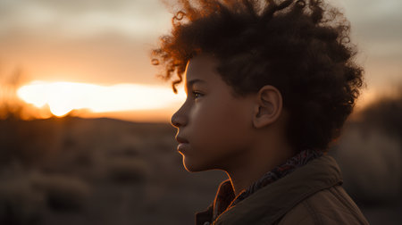 Portrait of a beautiful African-American girl with afro hairstyle at sunsetの素材