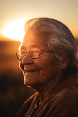 Portrait of an elderly woman with glasses on the background of the setting sun.の素材