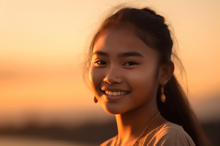 Portrait of a beautiful young asian woman smiling at the sunsetの素材