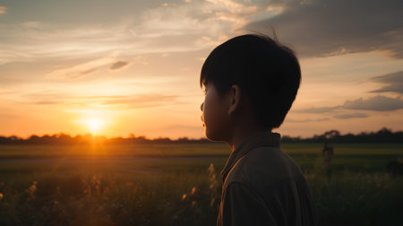 Silhouette of asian boy looking at sunset in rice fieldの素材