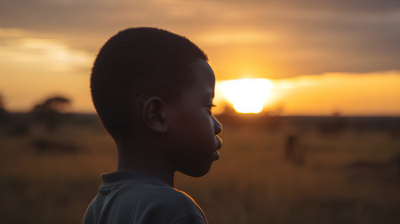 Rear view of a young African boy looking at the sunset in the field.の素材