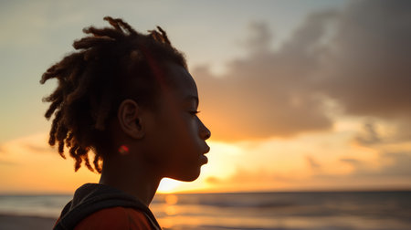 Portrait of a beautiful african american girl on the beach at sunsetの素材