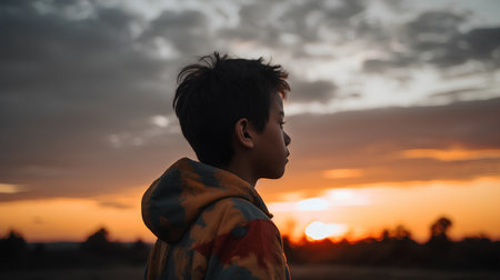 Silhouette of asian boy in the sunset with dramatic skyの素材