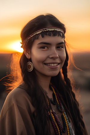 Portrait of a beautiful Indian girl with dreadlocks in the sunsetの素材