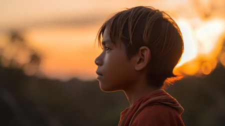 Portrait of asian little boy on sunset background in the countrysideの素材