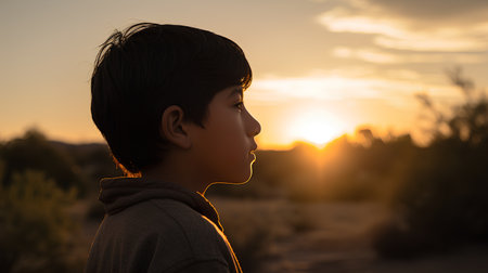 Boy looking at the sunset in the desert. 3d rendering.の素材