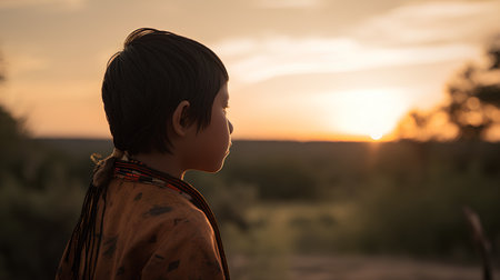 Little boy in a native costume looking at the sunset in the mountainsの素材