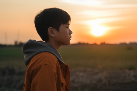 Portrait of asian boy standing on the field with sunset backgroundの素材