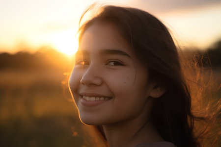 Portrait of a beautiful girl on a background of the setting sunの素材