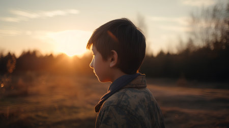 Portrait of a little boy in the rays of the setting sunの素材