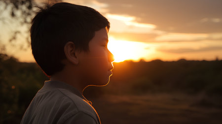 Silhouette of a boy at sunset. The boy is looking at the sunset.の素材