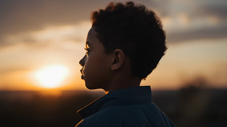 Side view of african american boy looking away on sunset backgroundの素材