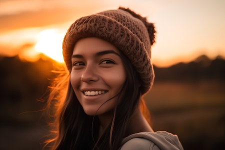 Beautiful young woman in a warm hat and coat on a background of the setting sunの素材