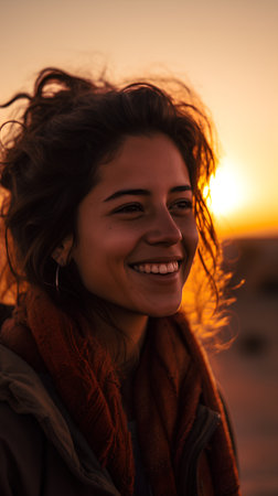 Portrait of a beautiful young woman with long hair at sunset.の素材