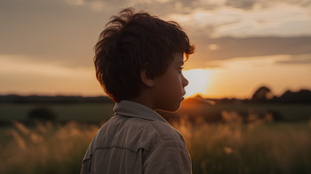 Back view of a boy in a wheat field looking at the sunsetの素材