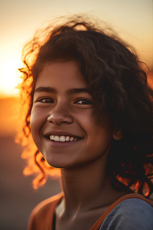 Portrait of a young african american girl smiling at sunsetの素材