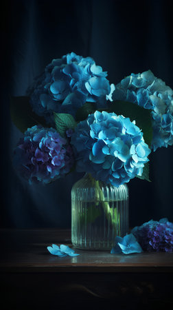 Blue hydrangea flowers in a vase on a wooden shelfの素材