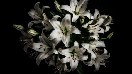 Bouquet of white lilies on a black background. Studio photography.の素材