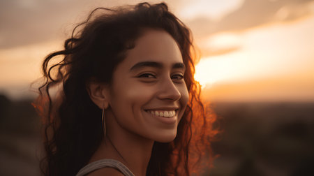 Portrait of a beautiful young woman with long curly hair in the sunsetの素材