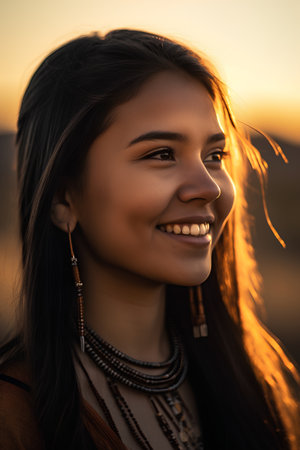 Portrait of a beautiful young asian woman with long black hair and brown leather jacket in the sunset.の素材
