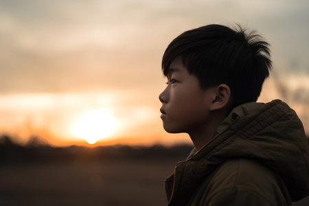 Young asian boy looking away at sunset in the evening, back viewの素材