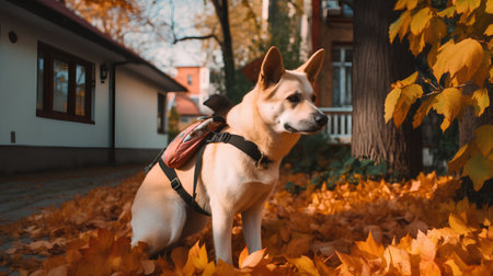 A dog with a leash walks in the autumn park on a leash.の素材