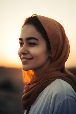 Photo pour Portrait of a beautiful young muslim woman in a hijab at sunset - image libre de droit