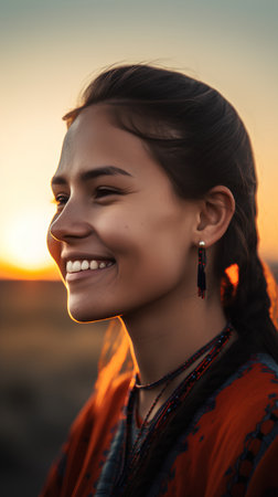 Portrait of a beautiful indian girl at sunset. Boho style.の素材