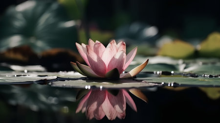 Lotus flower on the water surface with reflection in the water.の素材