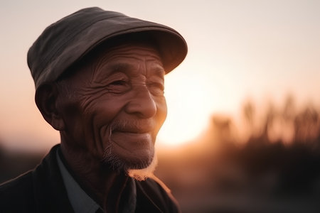 Portrait of an old man in a hat at sunset, close-upの素材