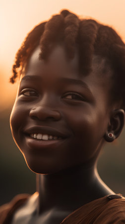 Portrait of a beautiful african little girl smiling on sunset backgroundの素材