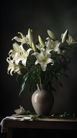 Bouquet of white lilies in a vase on a dark backgroundの素材