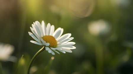 Daisy flower on a green meadow in the rays of the sunの素材