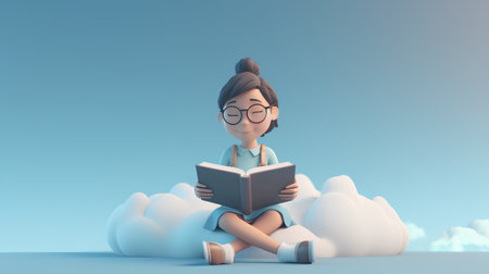 3d rendering of a cute girl reading a book sitting on a cloud.の素材