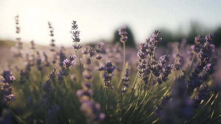 Lavender flowers blooming in a lavender field at sunsetの素材