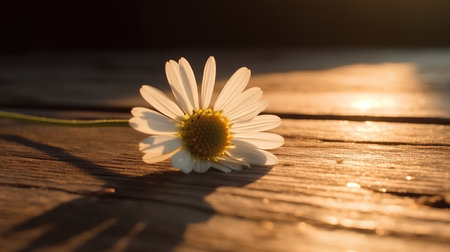 White daisy flower on a wooden table in the rays of the setting sunの素材
