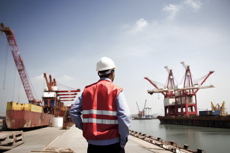 Portrait of engineer in hardhat and safety vest standing in front of cargo port.の素材