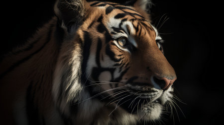 Close-up portrait of a tiger in front of a black backgroundの素材