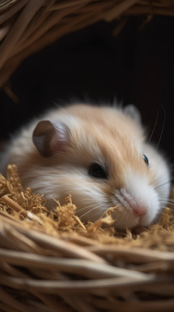 Hamster in a wicker basket on a dark background. Close-up.の素材