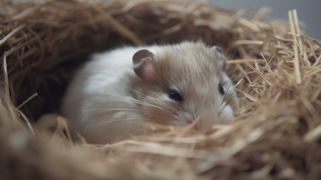 Hamster in a nest of straw. Close-up. Selective focus.の素材