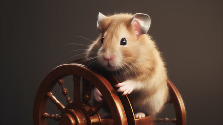Funny hamster sitting on a wooden wheel on a dark backgroundの素材