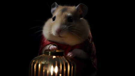 Hamster in a red dress with a lantern on a black backgroundの素材
