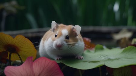 Hamster in a pond with lotus petals and water lilyの素材
