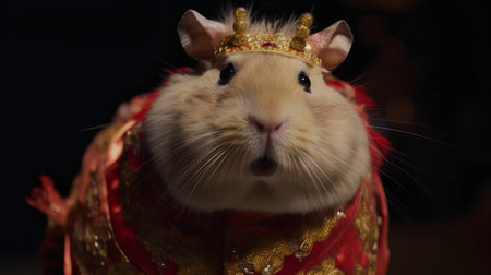 Hamster in Chinese New Year costume on black background. Close up.の素材