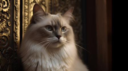 Portrait of a beautiful white cat on a background of golden doorsの素材