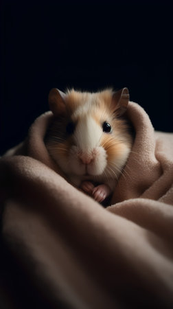 Hamster on a soft blanket. Close-up. Dark background.の素材
